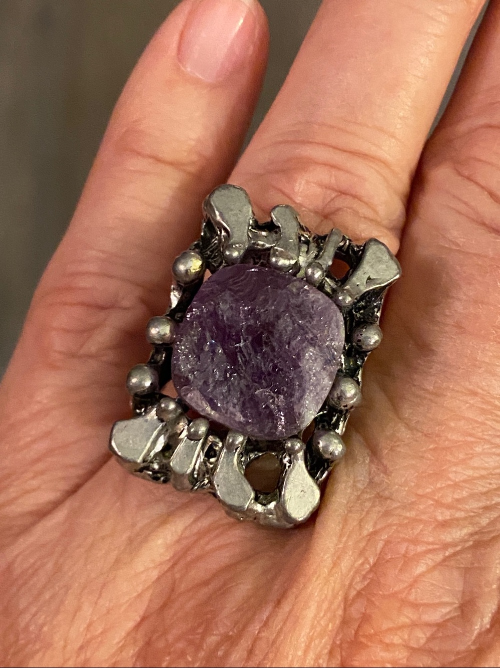 Vintage Brutalist Amethyst Ring  Pewter Artisan Statement Ring (8)